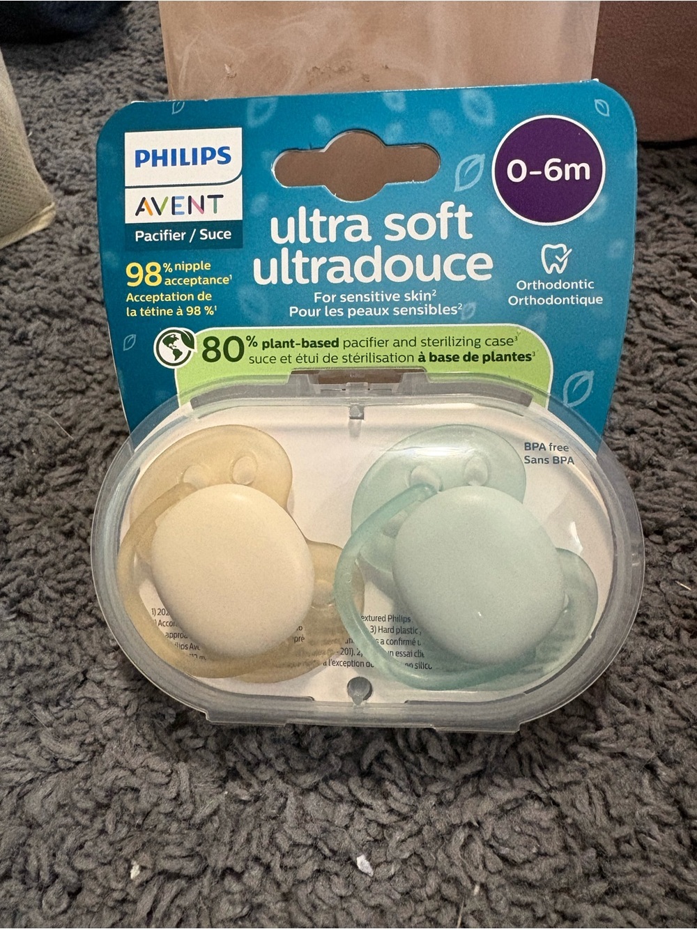 NWT Philips Avent Pacifier - Ultra Soft  - Blue & Cream - 0-6 months